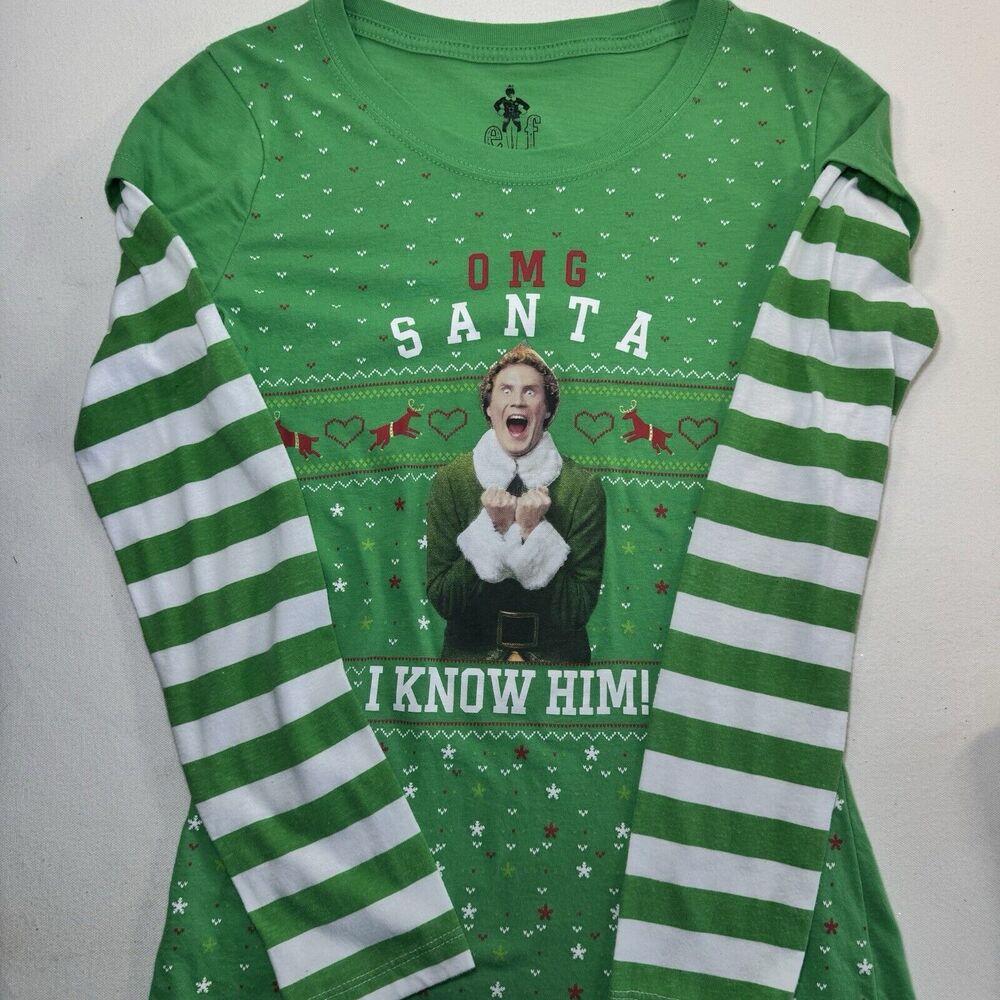 Buddy The Elf Santa! OMG I Know Him Green Stripes Long Sleeve Juniors Size 7-9